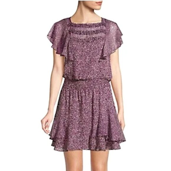Parker Funfetti Purple Ruffle Silk Mini Dress Size S Smocked Waist Flutter Sleev - Picture 2 of 7